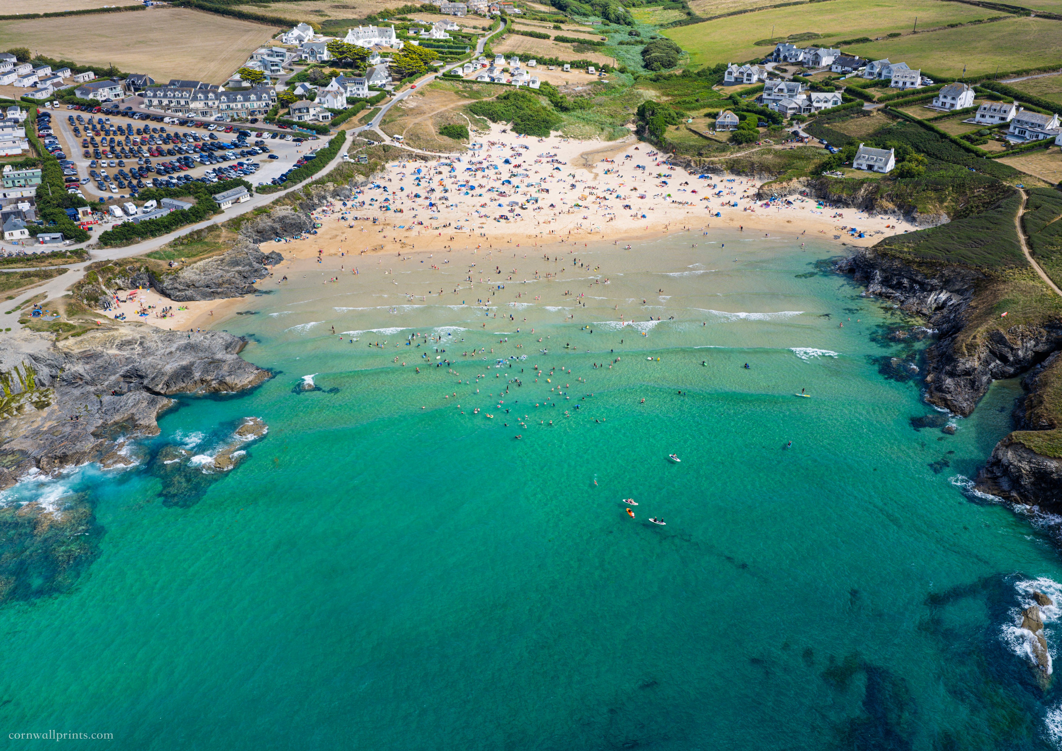 Treyarnon Bay — Summer Day from Above — aerial Cornwall photography print