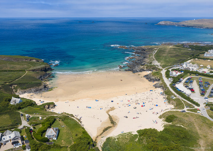 Treyarnon Bay — Mid Tide Summer Colour — aerial Cornwall photography print
