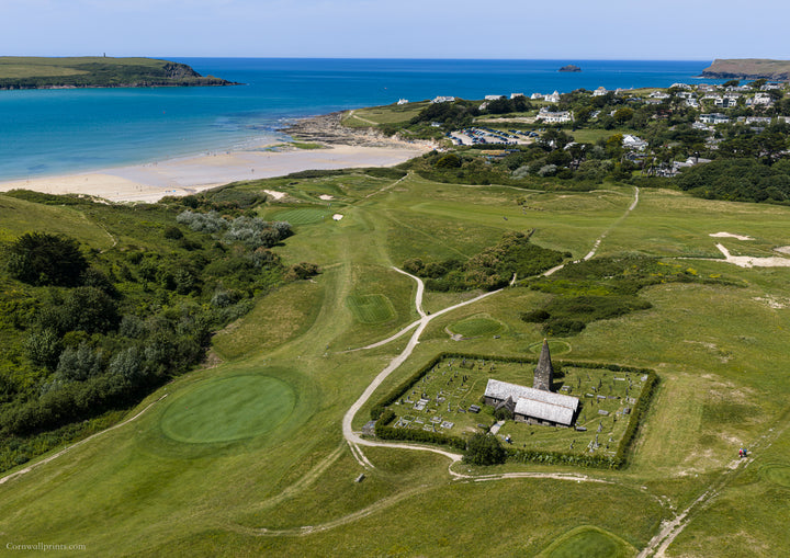St Enodoc Church — Daymer Bay and the Atlantic — aerial Cornwall photography print