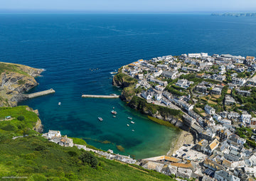 Port Isaac — High Tide Harbour Blues — aerial Cornwall photography print