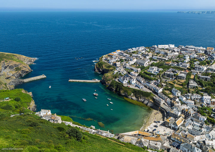 Port Isaac — High Tide Harbour Blues — aerial Cornwall photography print