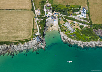 Hawker’s Cove — High Tide Stillness — aerial Cornwall photography print