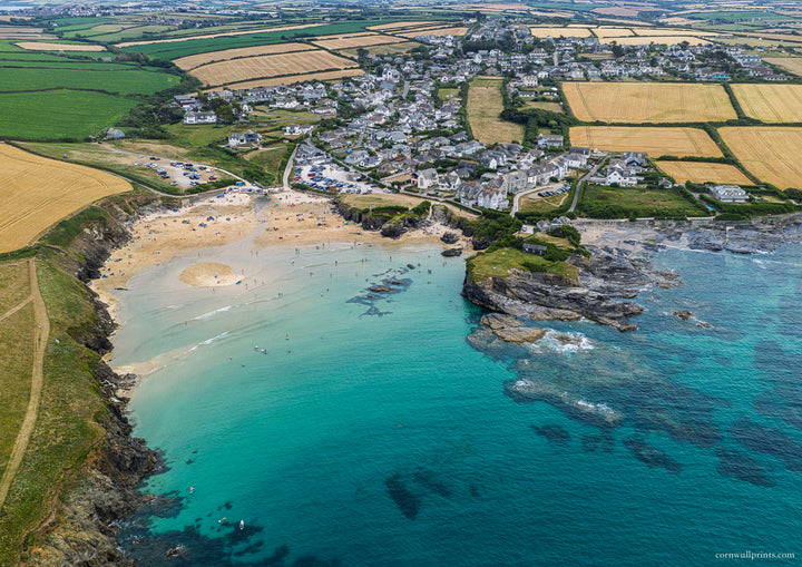 Trevone Bay — High Tide Summer Clarity — aerial Cornwall photography print
