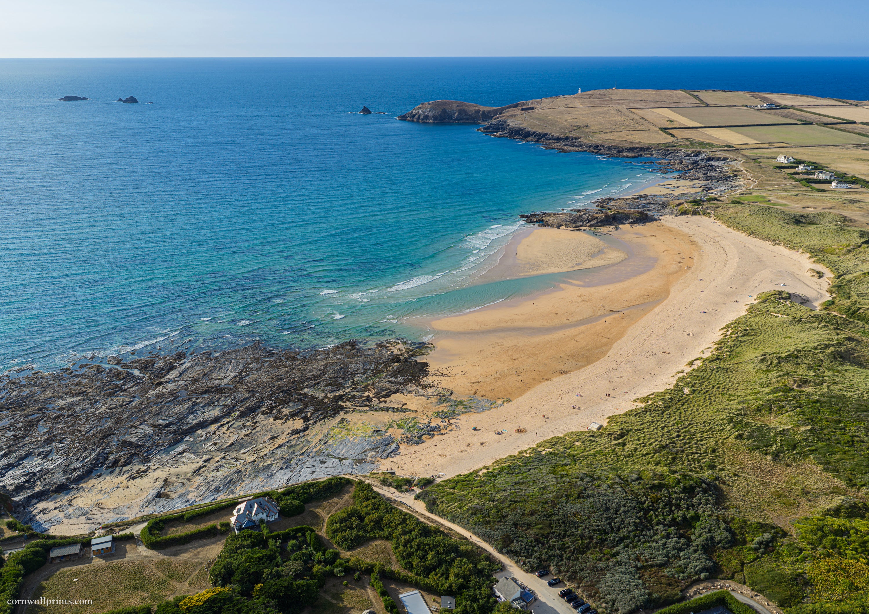 Constantine Bay — Summer Evening Towards Trevose Head — aerial Cornwall photography print