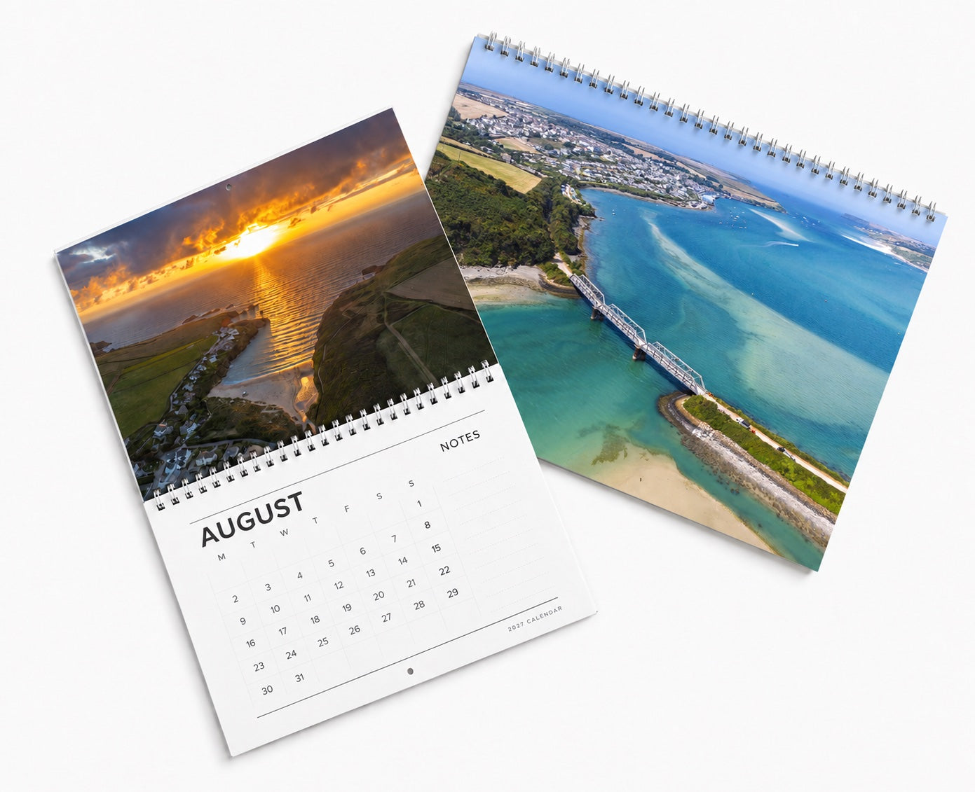 Cornwall calendars with a turquoise Camel Estuary photo cover and Porthcothan sunset above the August 2027 dates