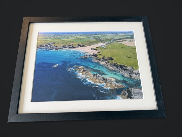 Porthcothan Bay print at A4 in the black frame with an off-white mount