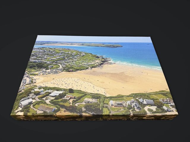 The Polzeath canvas photographed in the studio, with the canvas texture showing across the beach and sea
